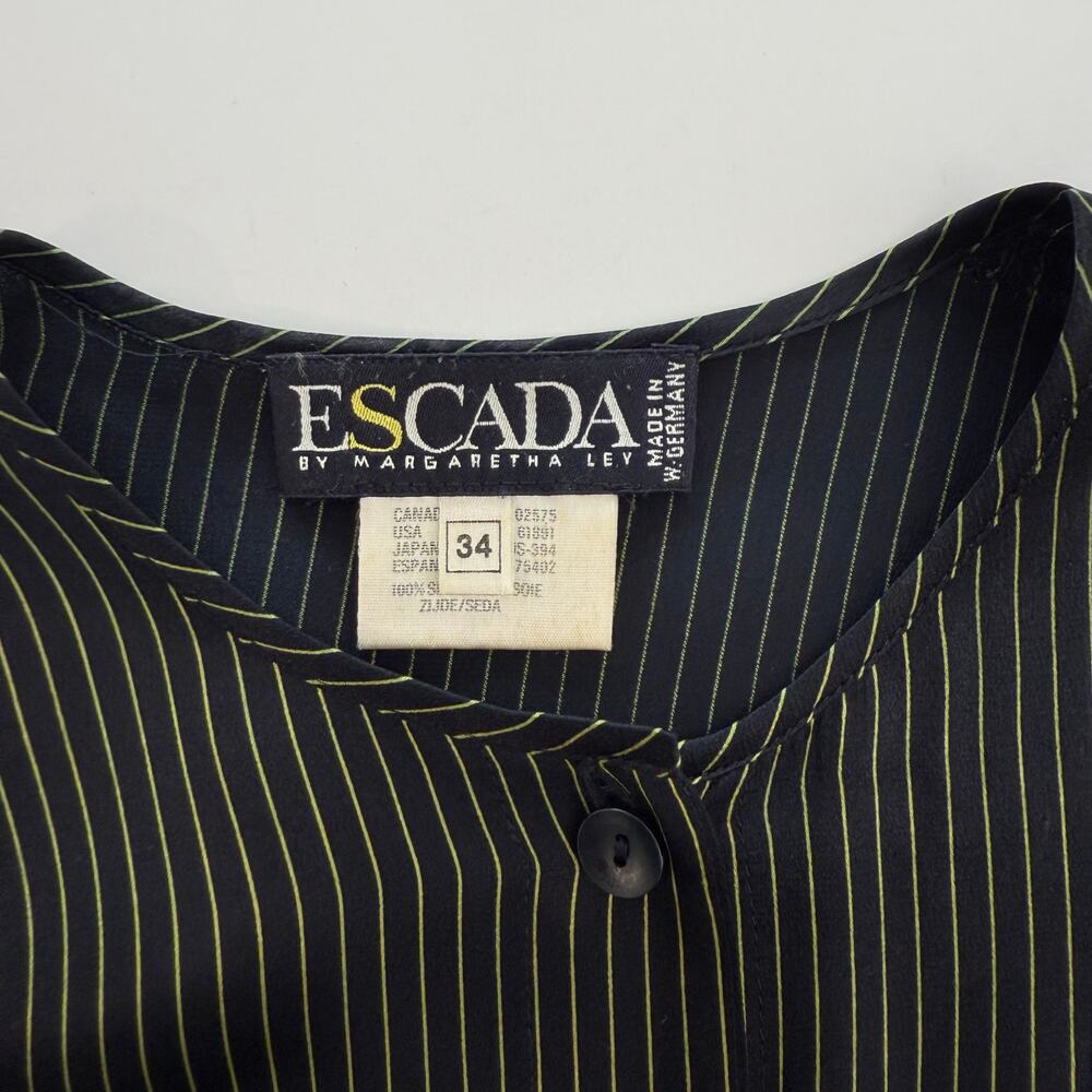 Escada Silk Button-Down Shirt Black/Green Striped Long Sleeves 34 (US 4) Vintage - Picture 9 of 12